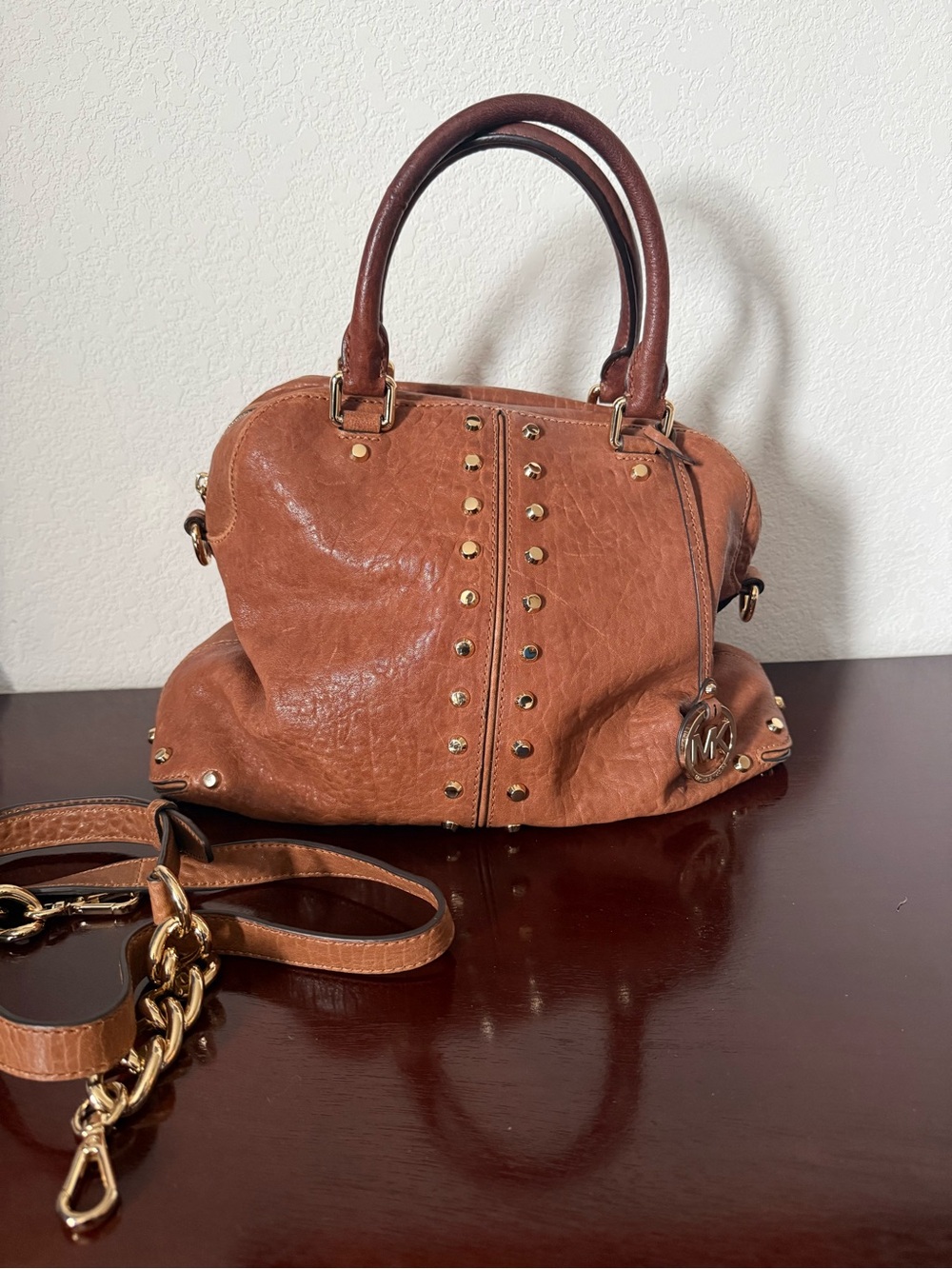 Michael Kors Uptown Astor Studded Dome Satchel Cognac Brown Leather